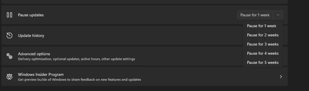Option Pause Update in Windows Update